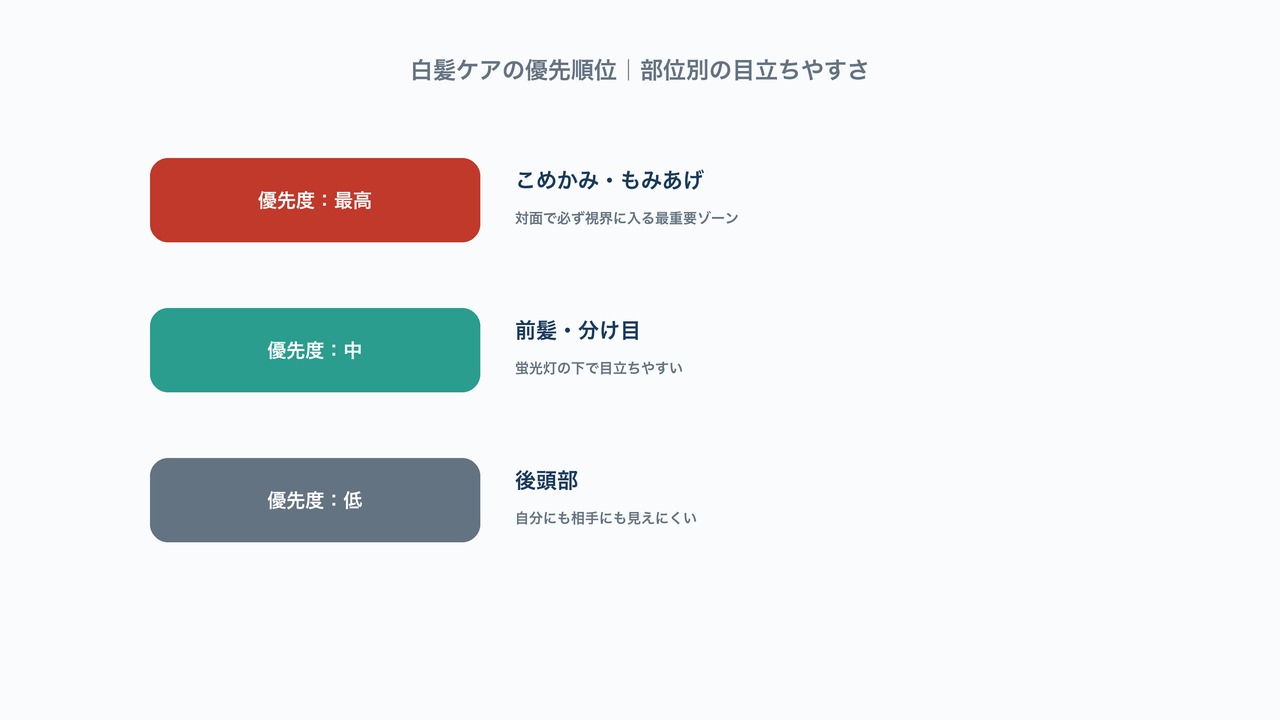 こめかみ・もみあげは優先度最高、前髪・分け目は優先度中、後頭部は優先度低という白髪ケアの部位別優先順位を示した図解