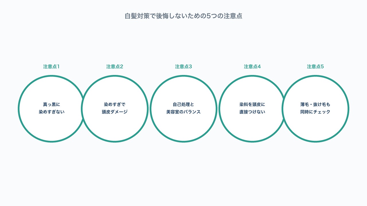 白髪対策で後悔しないための5つの注意点をチェックリスト形式で示した図解