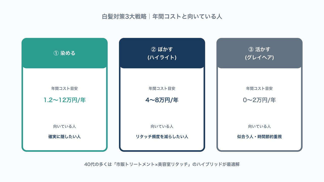 染める・ぼかす・活かすという白髪対策3大戦略の年間コストと向いている人を比較した図解