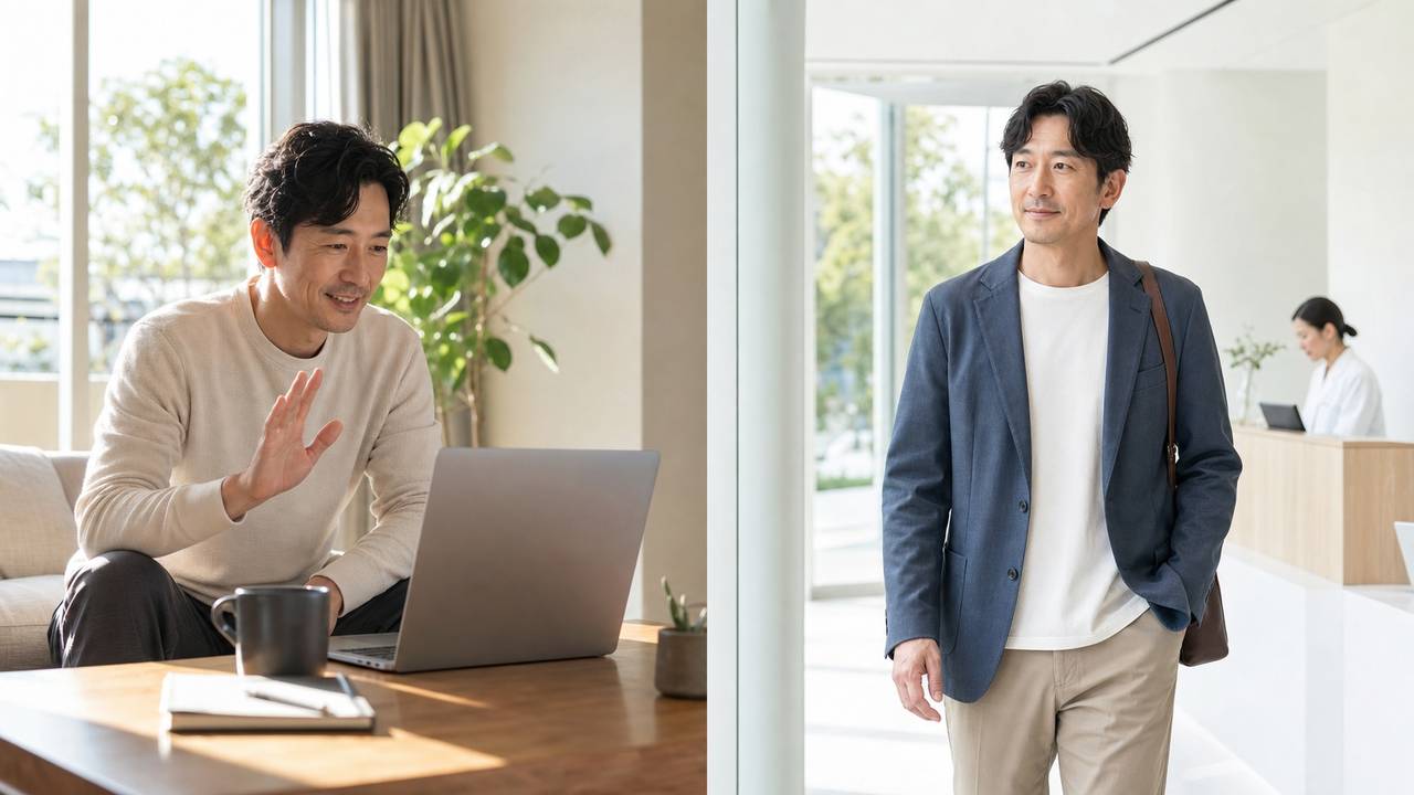 オンラインAGA診療と通院型クリニックを左右で対比したイメージ。リビングでノートパソコンを使う遠隔診療と、モダンなクリニックへの来院を並べた画像。