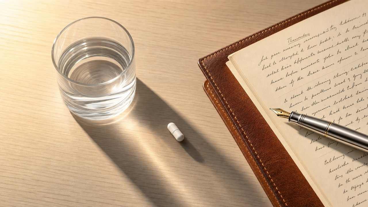 AGA予防治療のシンプルさを表すフラットレイ。木目テーブルに置かれた白い薬1錠とグラスの水、革綴じノートと万年筆を写したミニマルなイメージ。