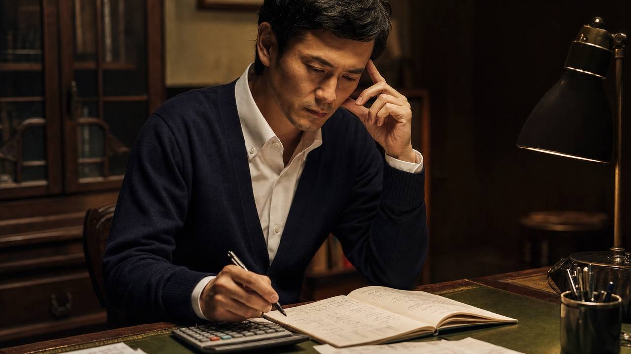AGA治療費の20年累計を試算する男性のイメージ。夜の書斎でダークウッド机に向かい、電卓と革綴じノートでコストを計算するシーン。