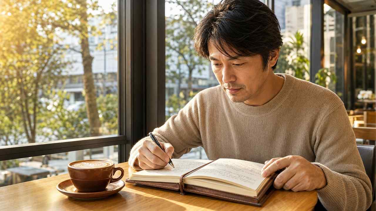 AGA治療のよくある質問に答えるQ&A章のイメージ。窓際のカフェでカプチーノと革綴じノートを前に、手書きの質問を見つめ考える男性。