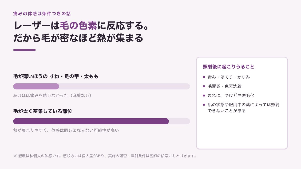医療脱毛の痛みは毛の濃さや部位によって変わることを示した図解。毛が薄い人のすね毛脱毛の体感を、そのまま他の人や他の部位に当てはめられない理由を表す