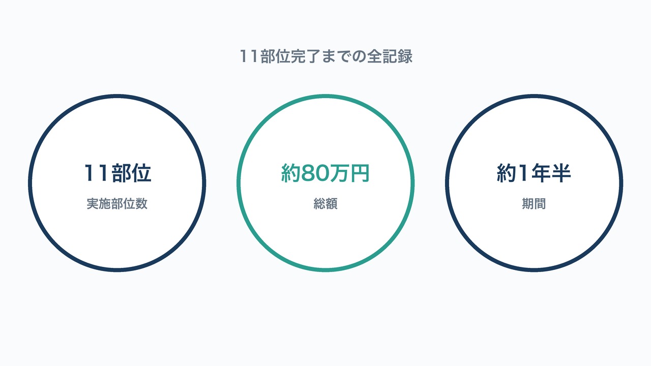 11部位完了までの全記録データ図解。実施部位数11部位・総額約80万円・期間約1年半の3つの数字を示す図。
