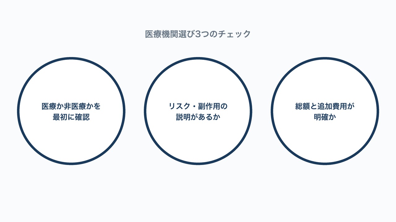 医療機関選び3つのチェックの図解。医療か非医療か・リスク説明・総額の明確さを示す図。