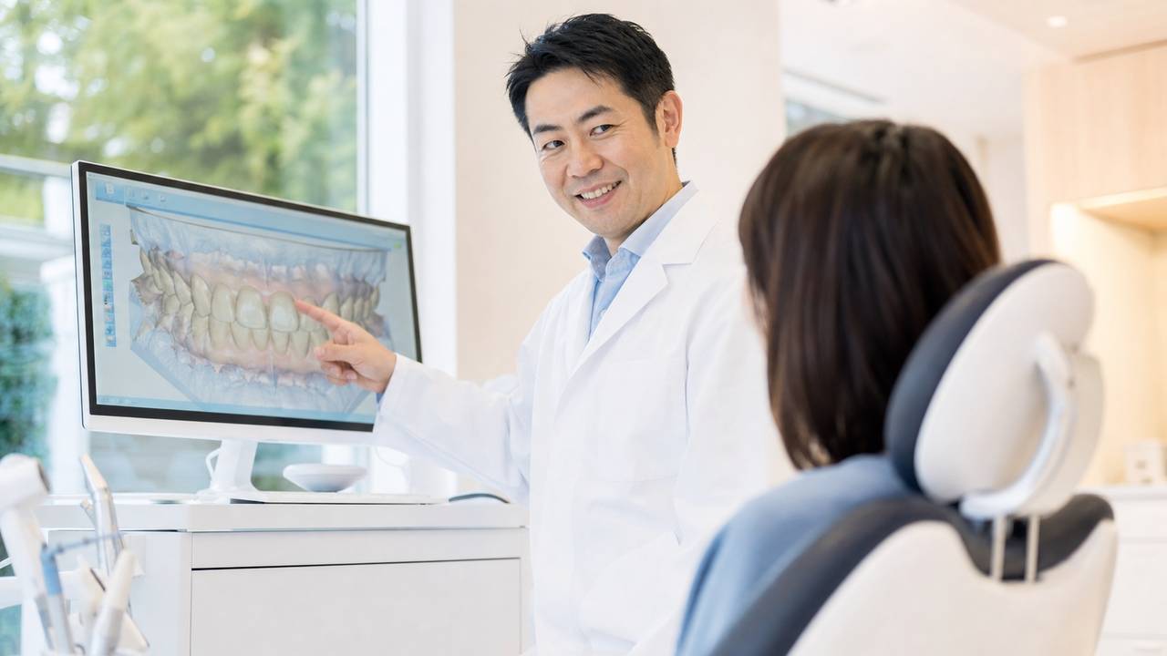 日本人の歯科医師がモニターの3Dシミュレーションでインビザライン治療を患者に説明する様子