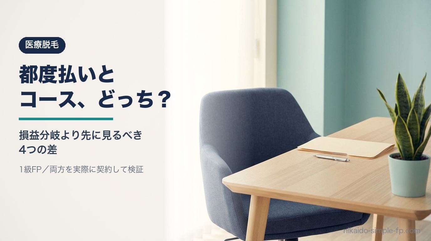 医療脱毛の都度払いとコース契約を1級FPが比較検証する記事のアイキャッチ画像。落ち着いたクリニック相談室に契約書類とペンが置かれている