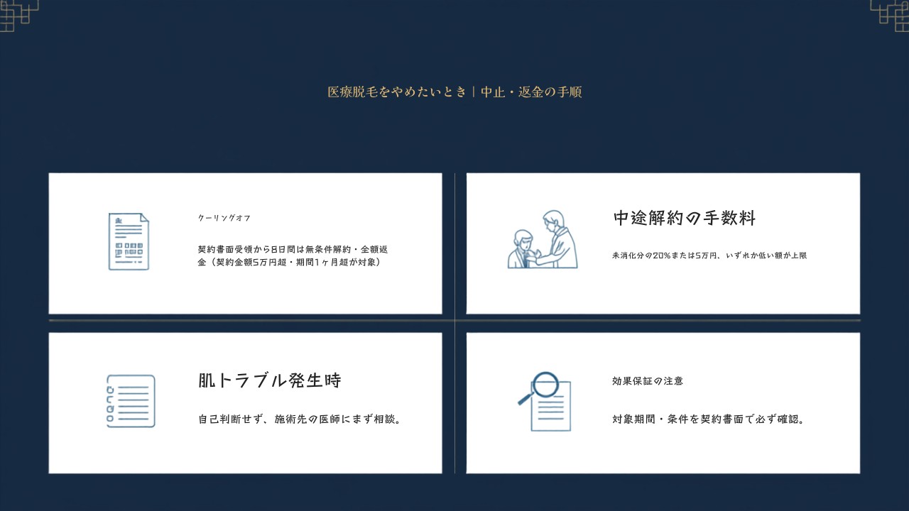 医療脱毛の解約・返金手順を示す図解。クーリングオフ・中途解約手数料・肌トラブル時の相談先・効果保証の確認点をまとめている。