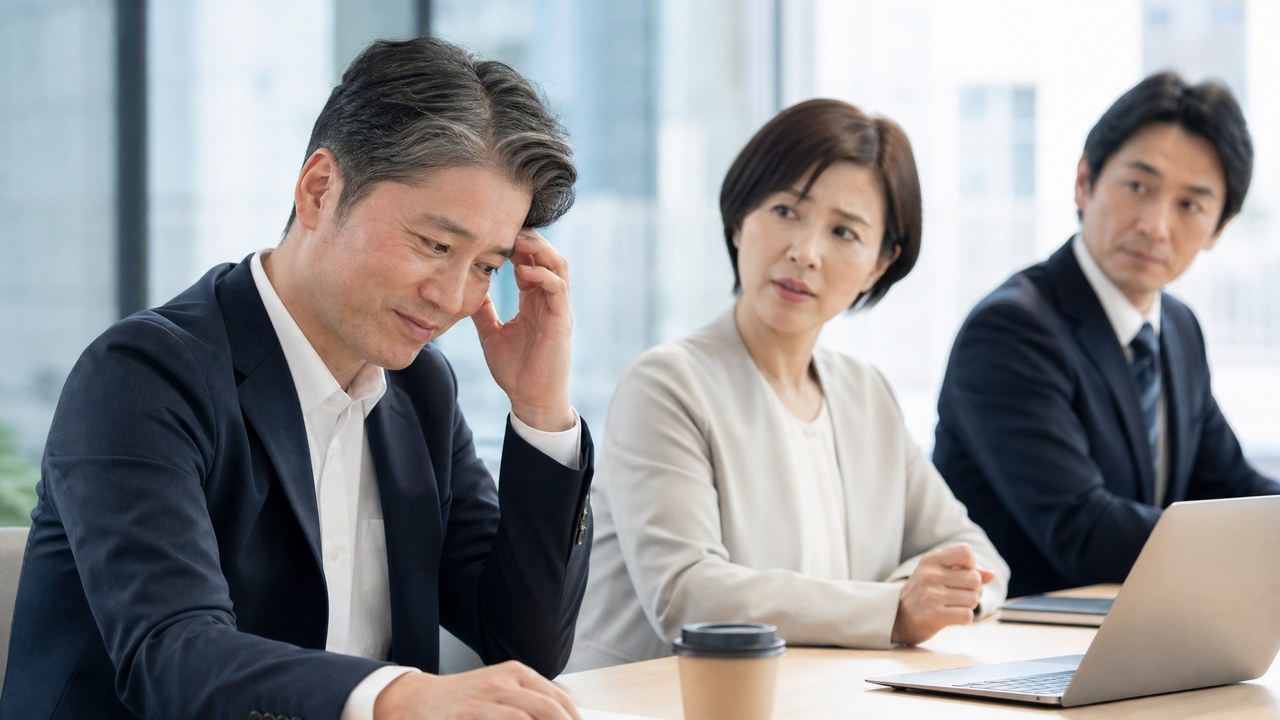 明るいオフィスの会議席で、こめかみの白髪を気にする40代の日本人男性と同僚の視線。白髪放置による「老けて見える」印象リスクを示すイメージ。