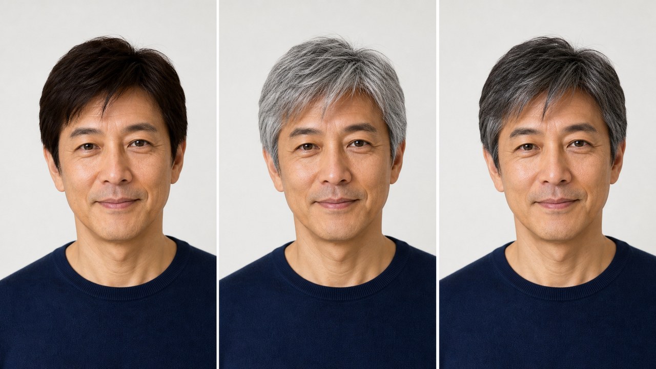 40代男性の白髪対策3つの選択肢「染める・活かす・目立たせない」を並べて比較するイメージ。