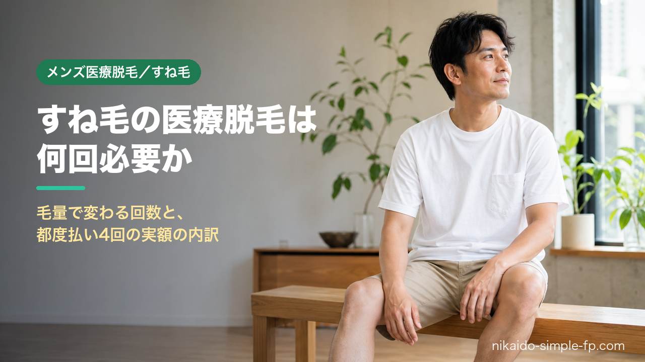 すね毛の医療脱毛は何回必要かを1級FPが解説する記事のアイキャッチ。ハーフパンツ姿でくつろぐ日本人男性と、毛量で変わる回数と都度払い4回の実額の内訳というテーマを示す