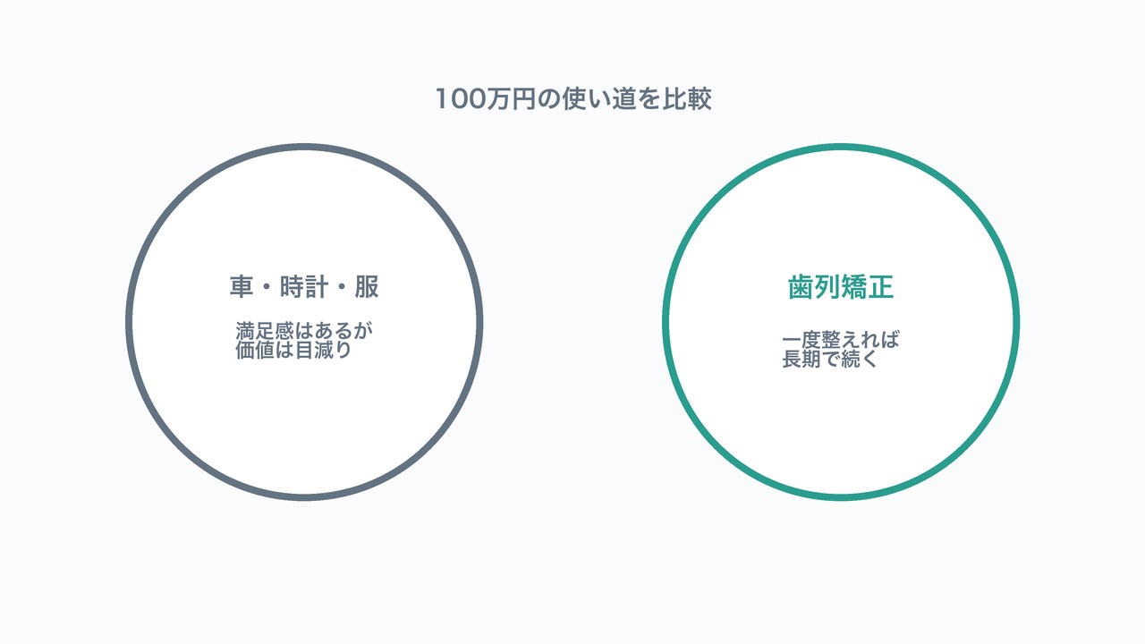 100万円の使い道を比較する図解。車・時計・服と歯列矯正の価値の持続性を対比した図。