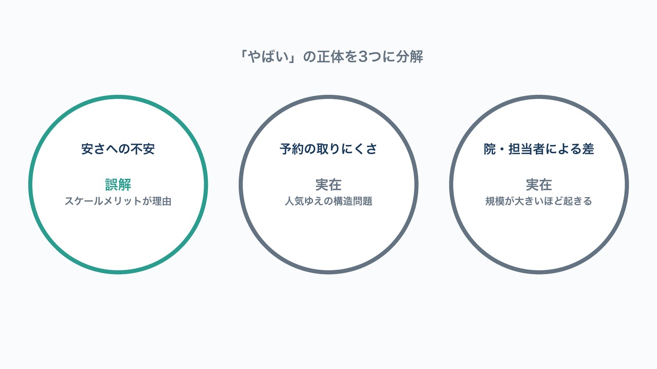 湘南美容クリニックの「やばい」の正体を3つに分解した図解。安さへの不安・予約の取りにくさ・院担当者の差を示す図。