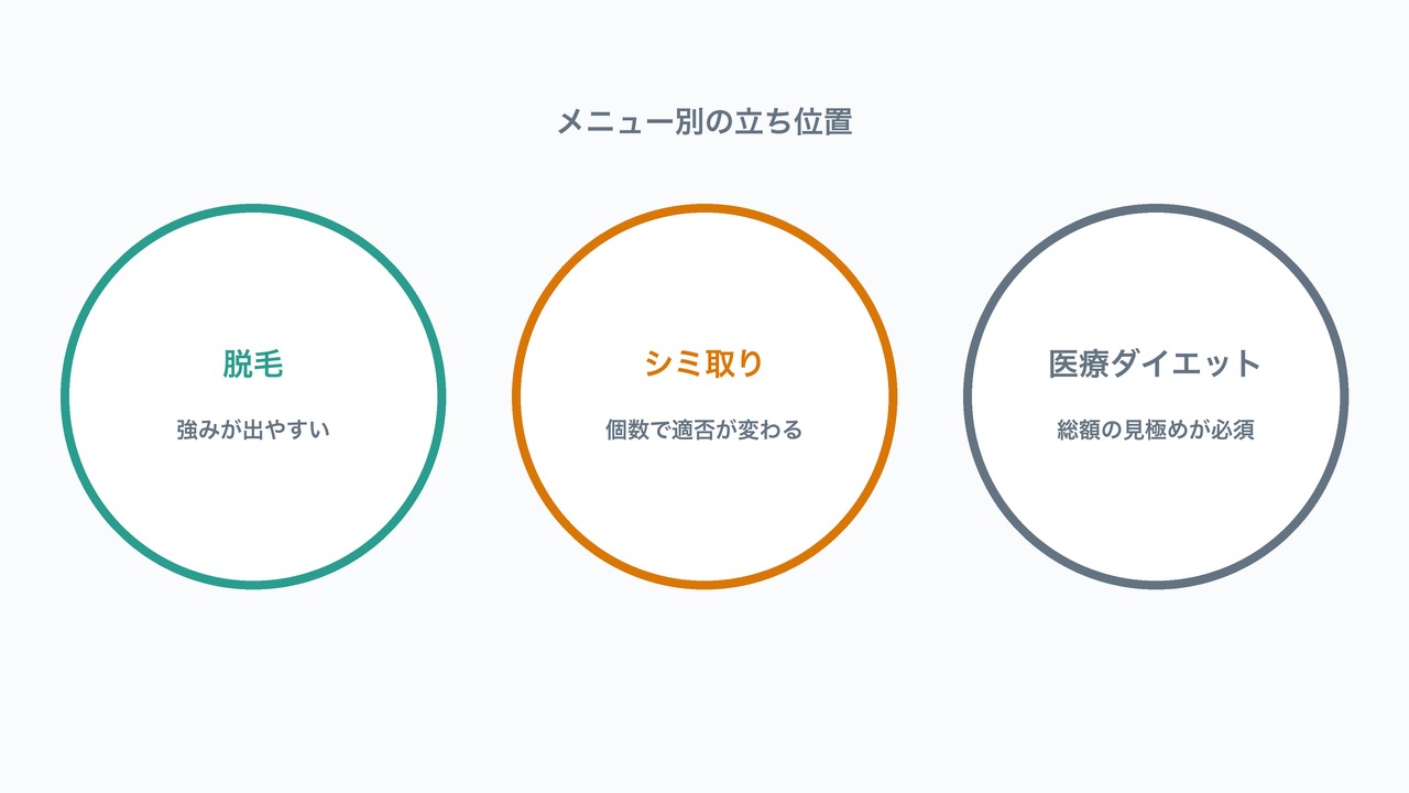 メニュー別の立ち位置の図解。脱毛・シミ取り・医療ダイエットそれぞれの特徴を示す図。
