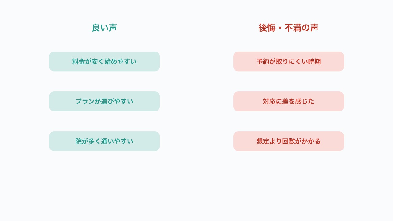 口コミの両面分析の図解。良い声と後悔・不満の声を対比したリスト。