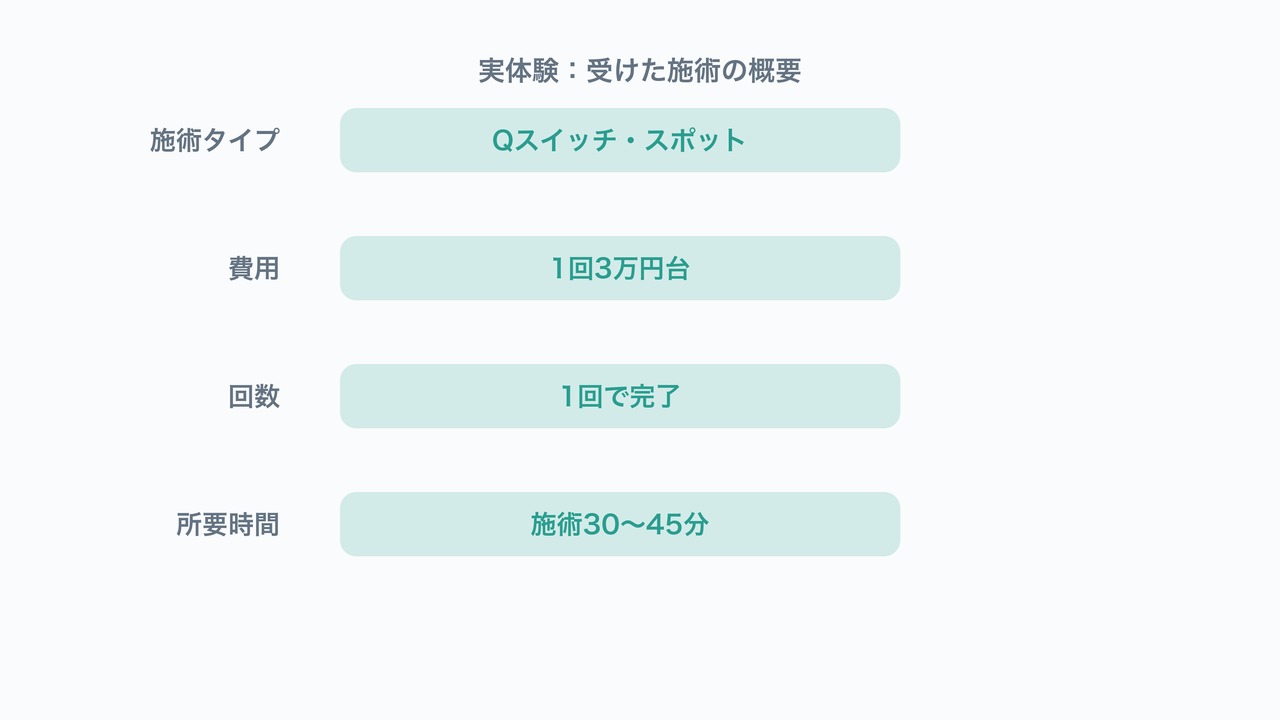 実体験で受けた施術の概要の図解。施術タイプ・費用・回数・所要時間を示す図。