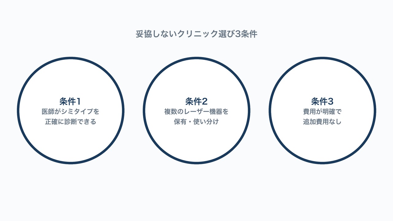 妥協しないクリニック選び3条件の図解。診断力・機器保有・明確な料金体系を示す図。