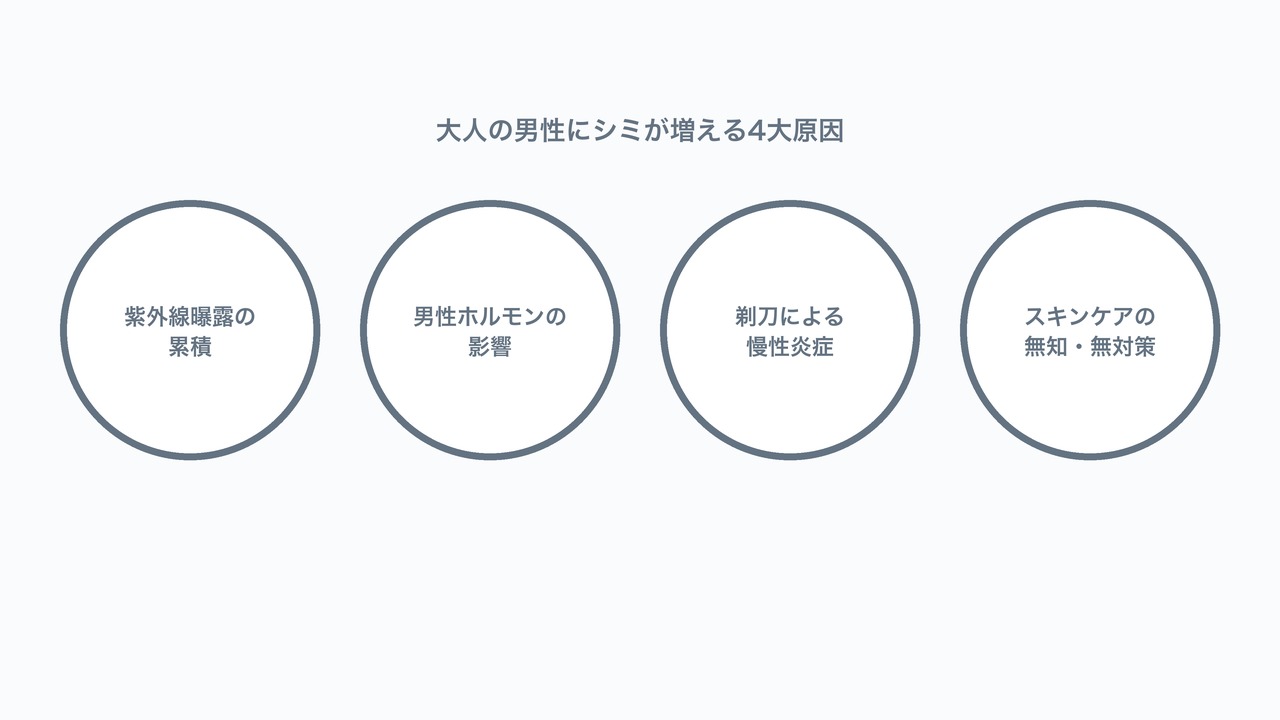 大人の男性にシミが増える4大原因の図解。紫外線・男性ホルモン・剃刀・スキンケア不足を示す図。