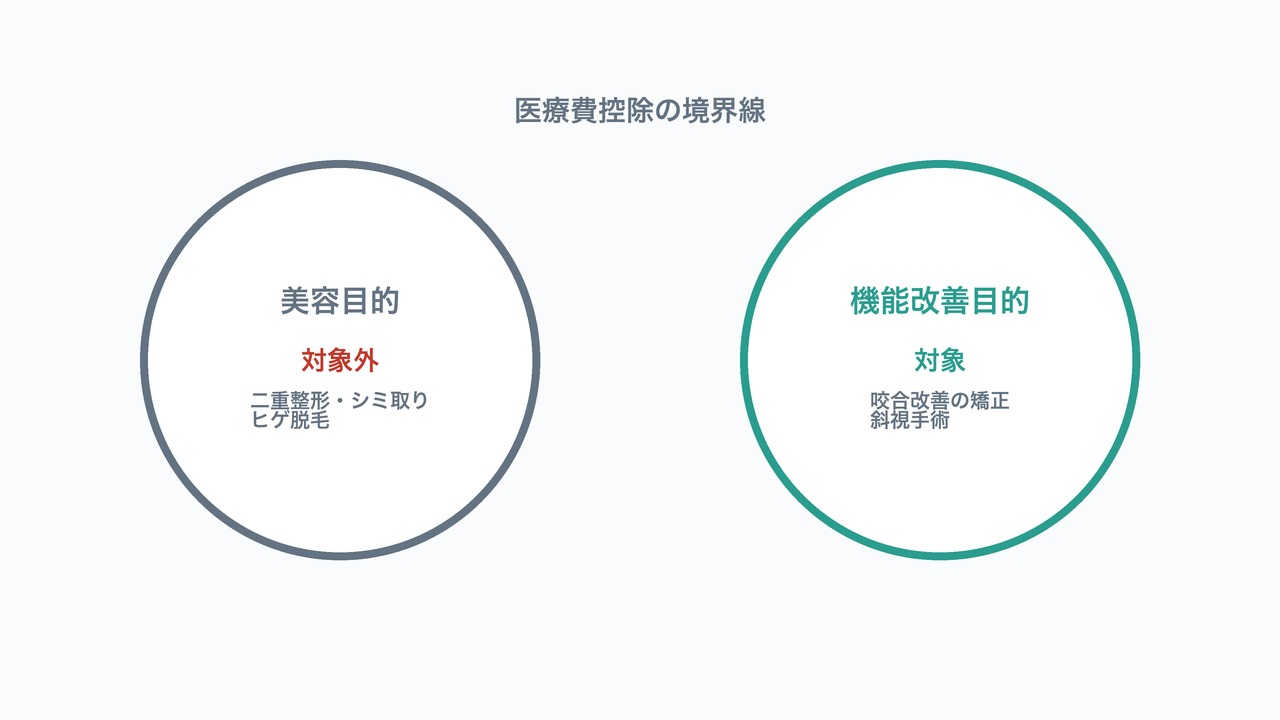 医療費控除の美容目的と機能改善目的の境界線を示す図解。対象外と対象の代表例を対比した図。
