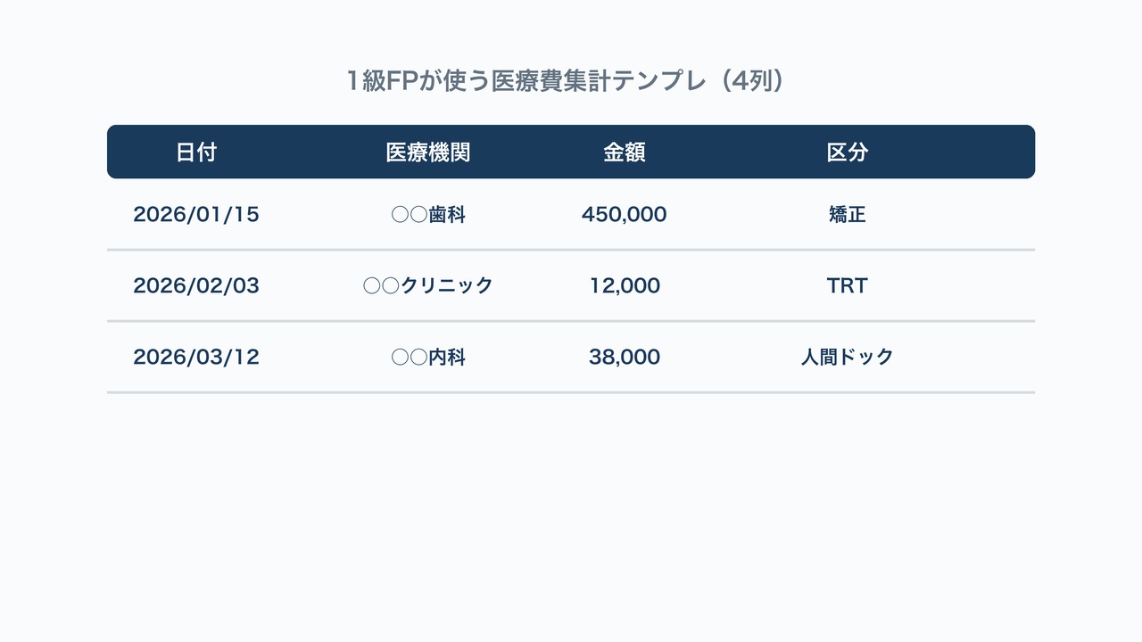1級FPが使う医療費集計テンプレの図解。日付・医療機関・金額・区分の4列サンプル表。