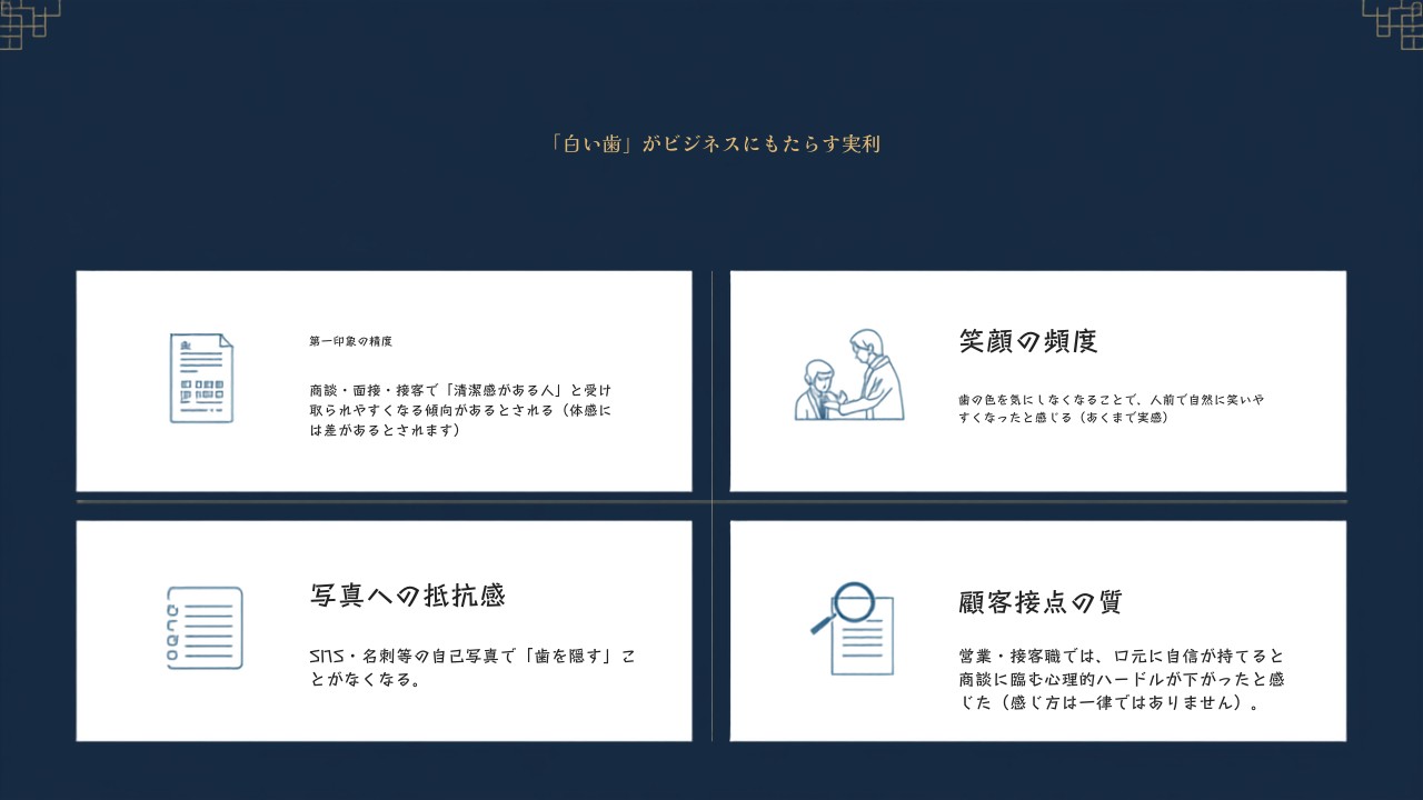 白い歯がビジネスにもたらす実利を示す図解。第一印象の精度（清潔感の印象向上）、笑顔の頻度（自然に笑いやすくなる）、写真への抵抗感（歯を隠さなくなる）、顧客接点の質（商談への心理的ハードル低下）の4点をまとめている。