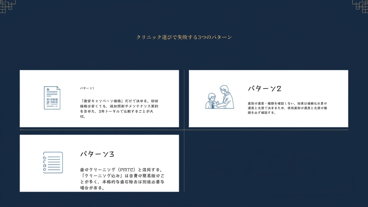 ホワイトニングのクリニック選びで失敗する3パターンを示す図解。価格だけで決める、薬剤濃度を確認しない、PMTCとの混同をまとめている。