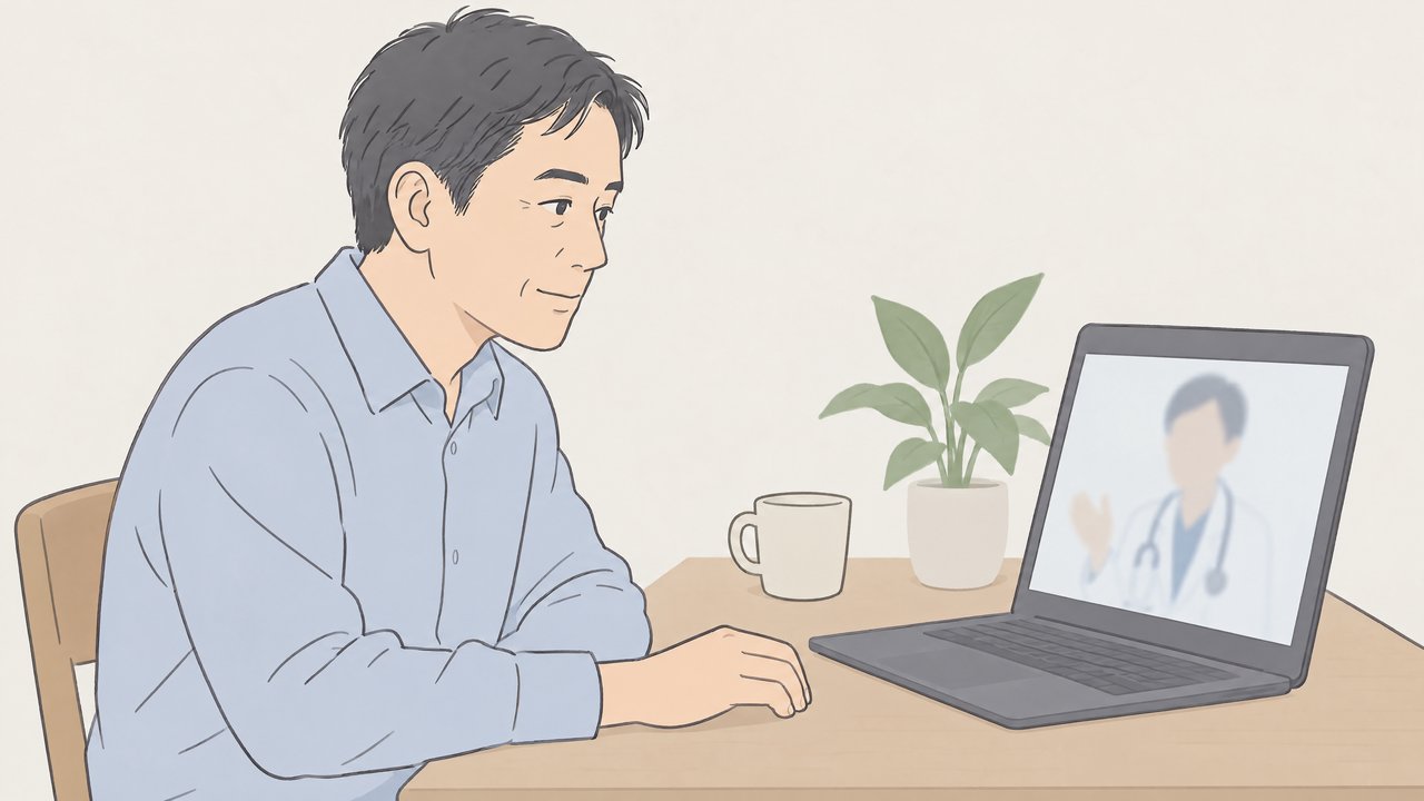 自宅の机でオンライン診療の説明を聞く日本人男性のイラスト