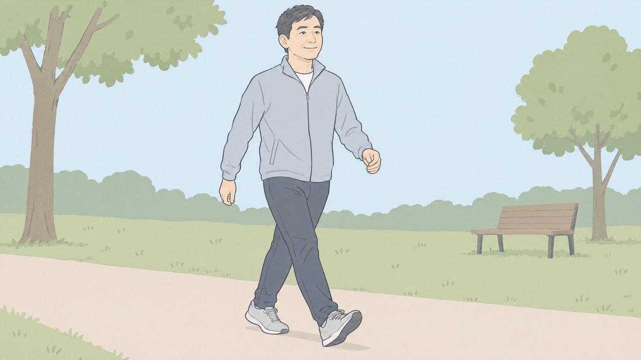 朝の公園をウォーキングする日本人男性のイラスト
