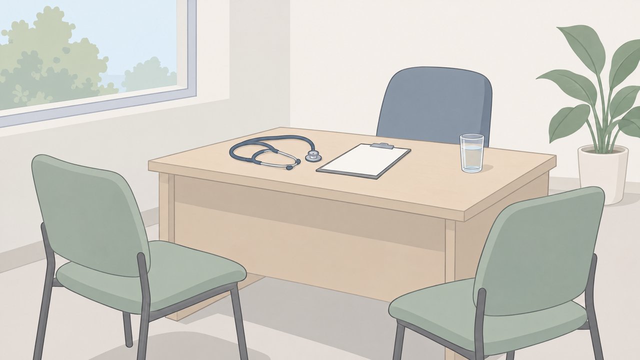 聴診器とクリップボードが置かれた診察室の机と椅子のイラスト